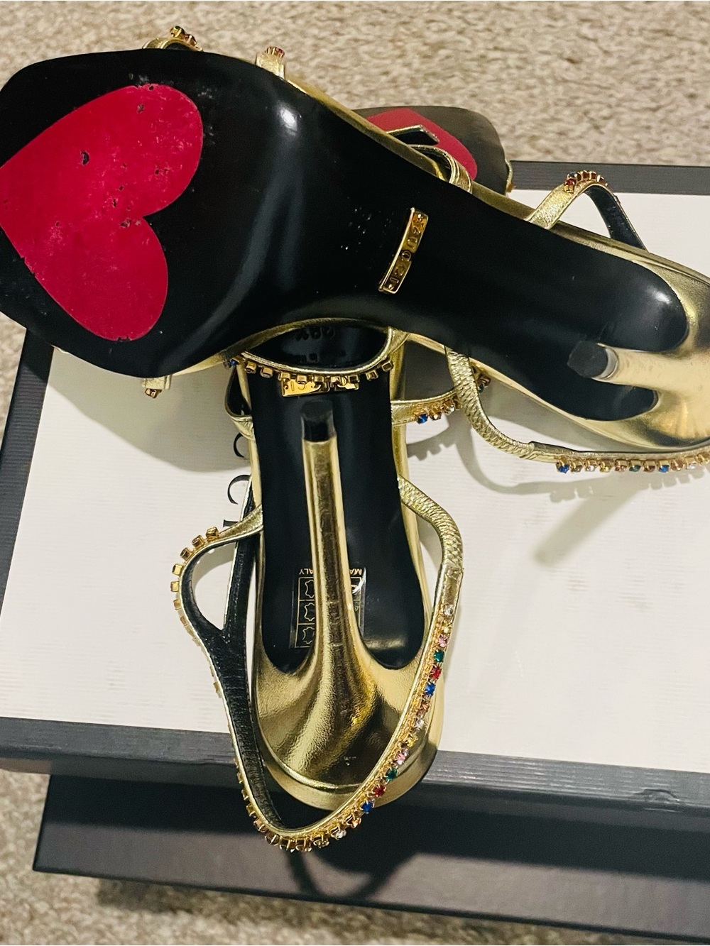 Gucci Gold Jeweled Bow-Strap High Heel Sandals - Picture 9 of 9